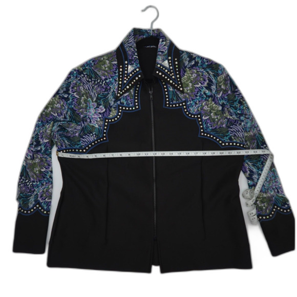 Custom Western Show Shirt - Blue Design with Bezel Set Stones & Leather Accent - Picture 7 of 8